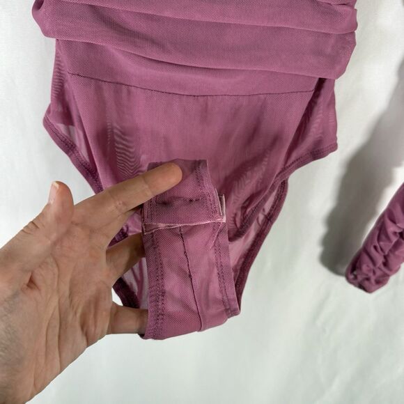 Princess Polly Bodysuit Women's 4 Pink Mesh Ruched Square Neck Long Sleeve - Picture 7 of 12